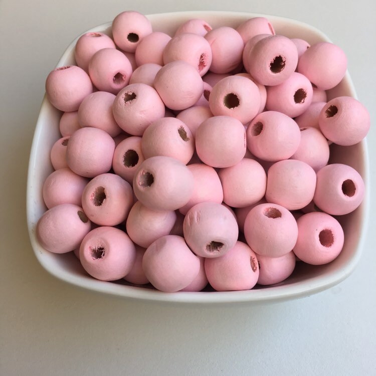 Round Pink Wood Beads - 14x13mm Baby Pink Craft Bead - 25 Pieces Wooden DIY Jewellery Making Macrame Beads