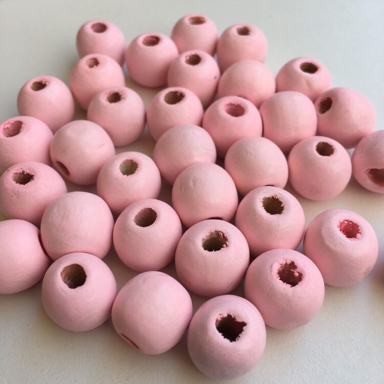 Round Pink Wood Beads - 14x13mm Baby Pink Craft Bead - 25 Pieces Wooden DIY Jewellery Making Macrame Beads