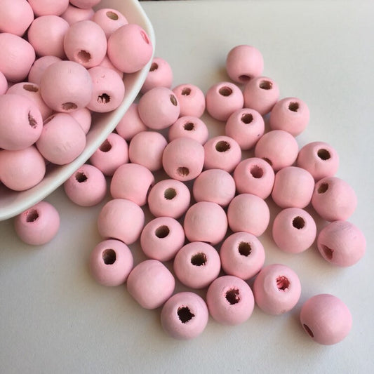 Round Pink Wood Beads - 14x13mm Baby Pink Craft Bead - 25 Pieces Wooden DIY Jewellery Making Macrame Beads