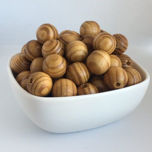 Striped Pine Wooded Beads 16mm Round Glazed Burly Wood Bead 20 Pieces