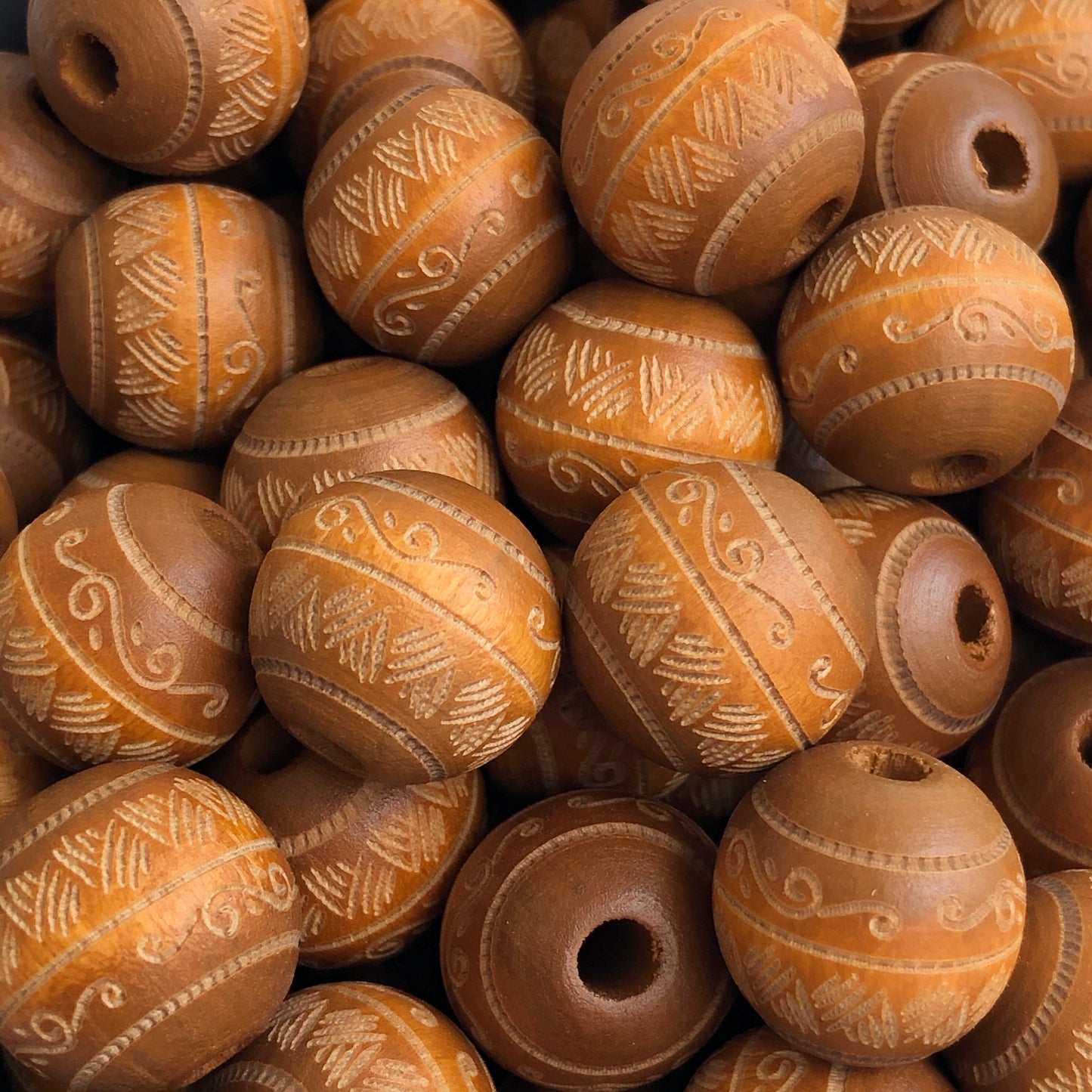 Honey Brown Laser Engraved Wood Beads 16mm Round Wooden Craft Bead 10 Pieces