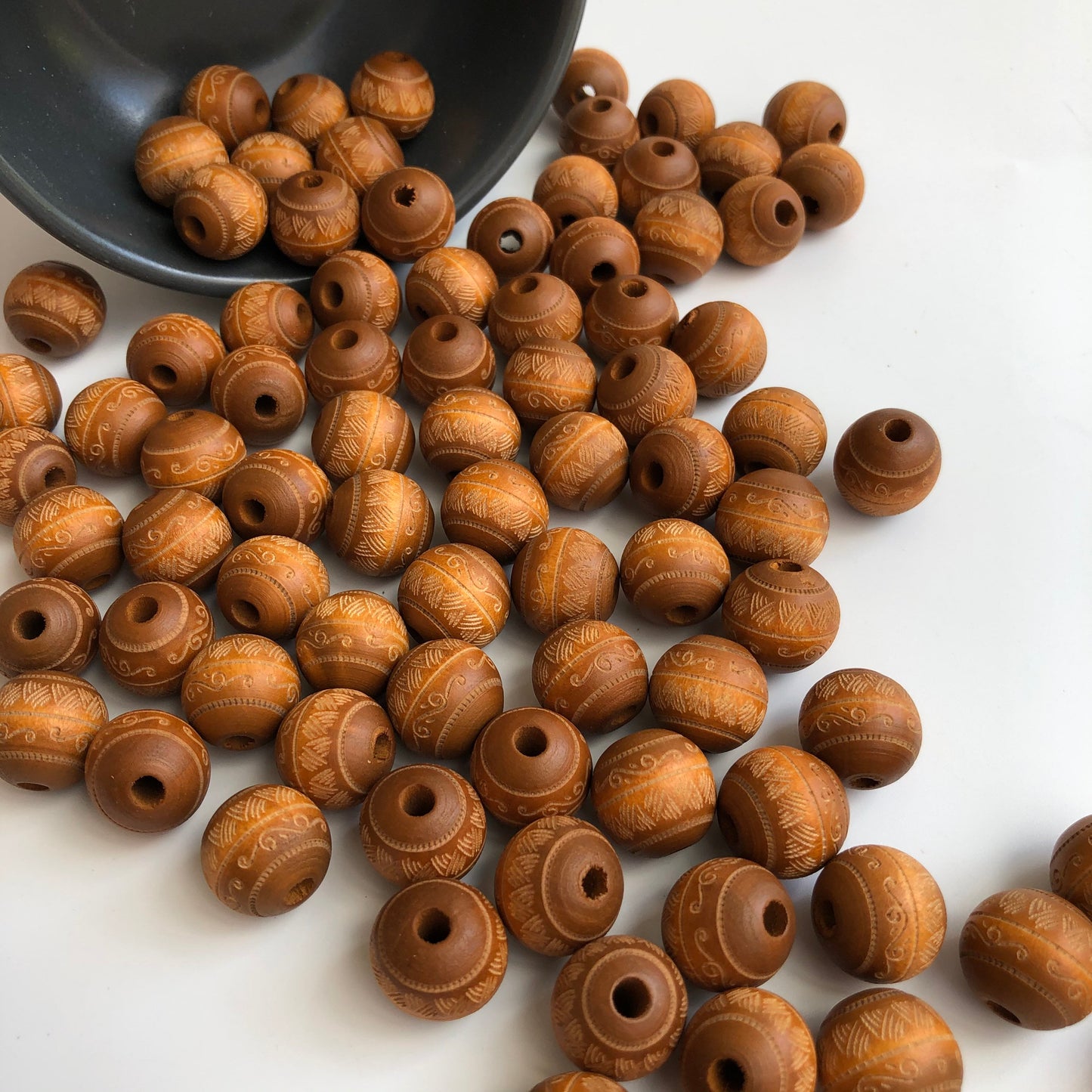 Honey Brown Laser Engraved Wood Beads 16mm Round Wooden Craft Bead 10 Pieces