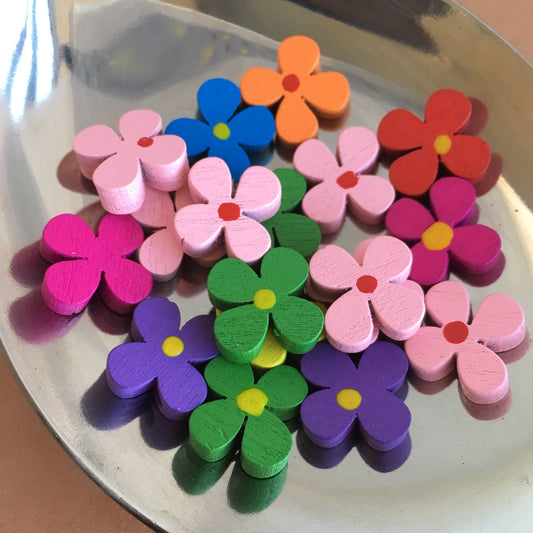 Four Petal Flower Bead, Floral Multi Colour Assorted Wooden Beads, 25 Pieces DIY Wood 14mm (0.55") Beading Craft