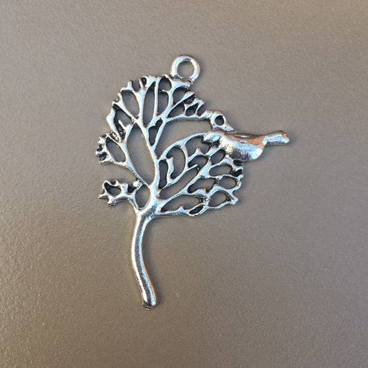 Silver Metal Perching Bird Pendant 41x30 Alloy Tree Charm 5X Pieces