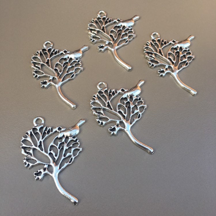 Silver Metal Perching Bird Pendant 41x30 Alloy Tree Charm 5X Pieces