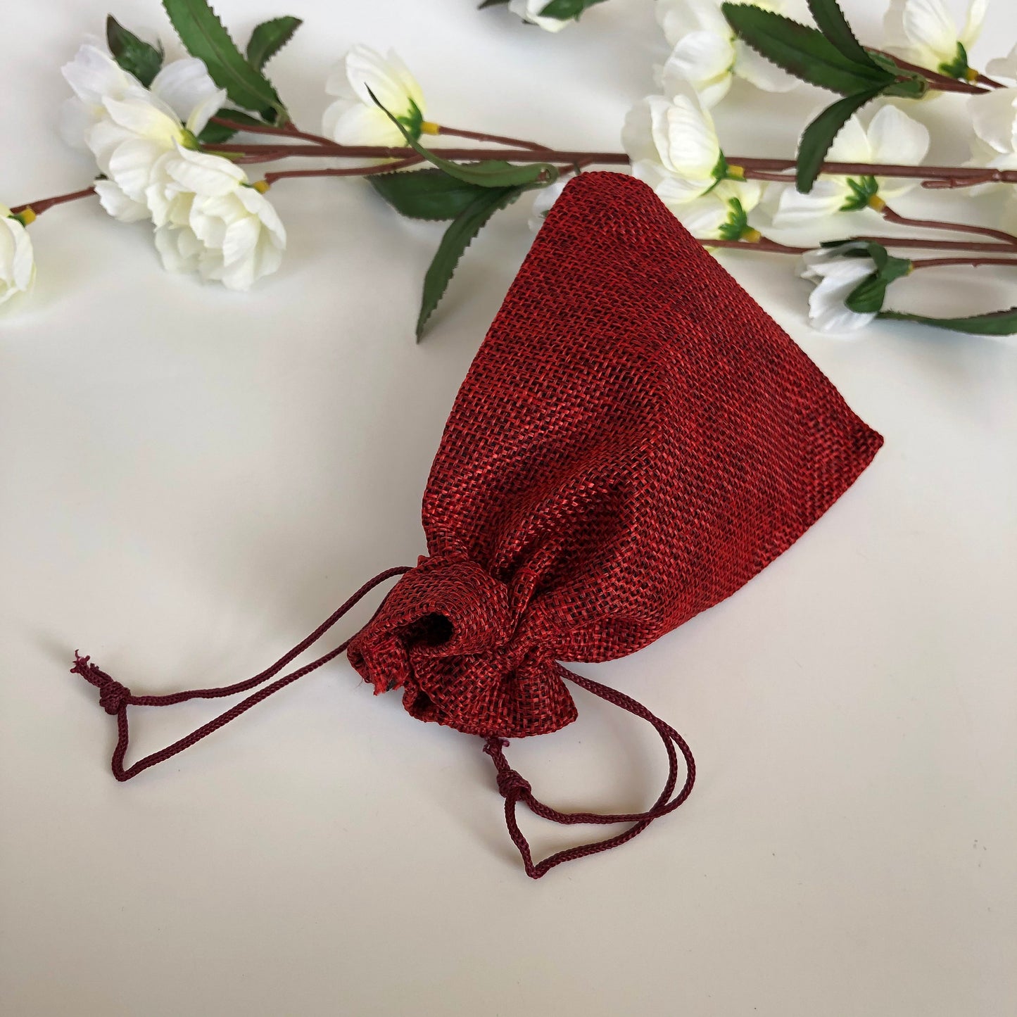 Red Draw String Pouch, Gift Bag Jute Linen Fabric 13x9cm, 5pcs