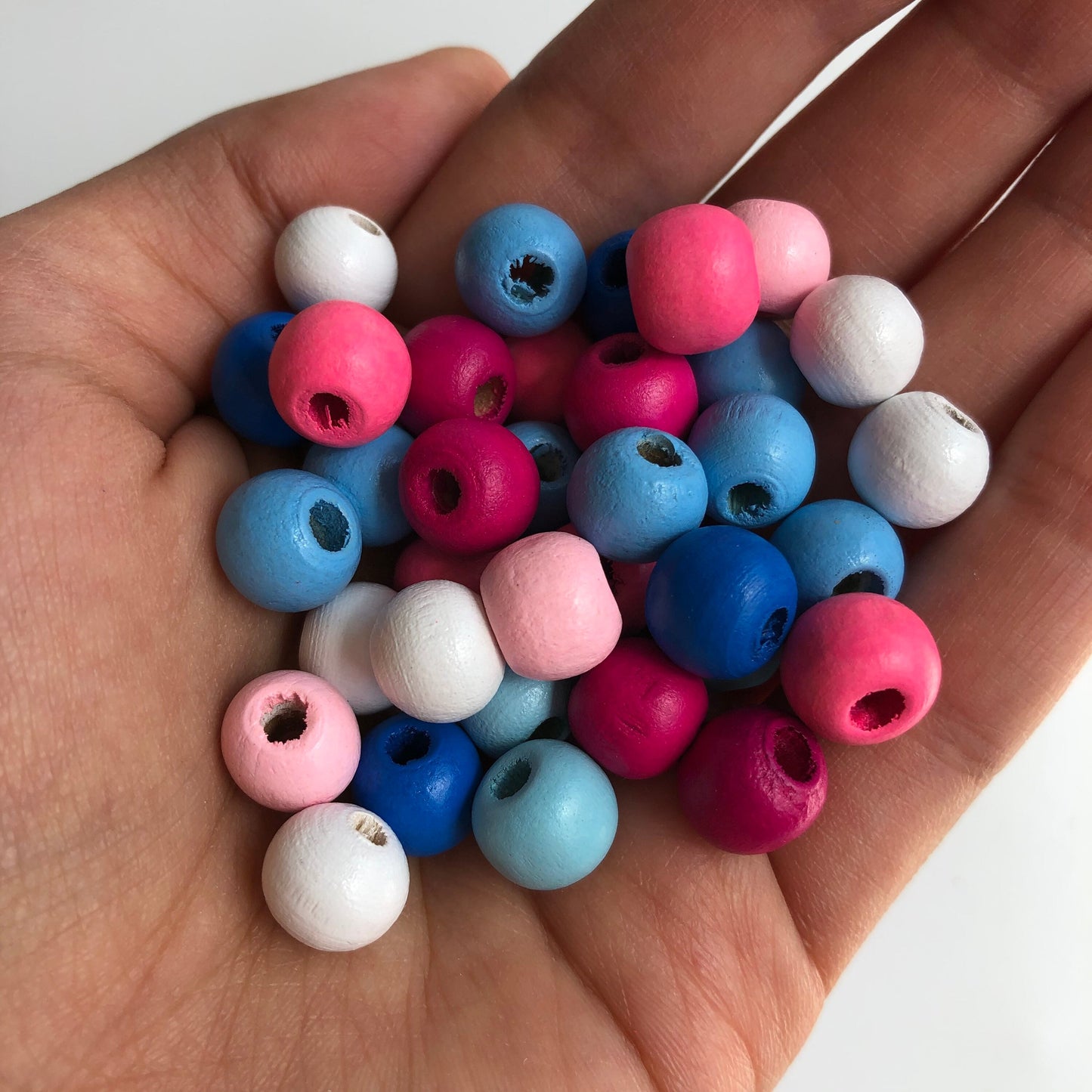 75X Pieces Round Wood Beads 10x9mm Mixed Pink and Blue Colours