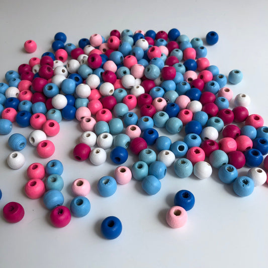 75X Pieces Round Wood Beads 10x9mm Mixed Pink and Blue Colours