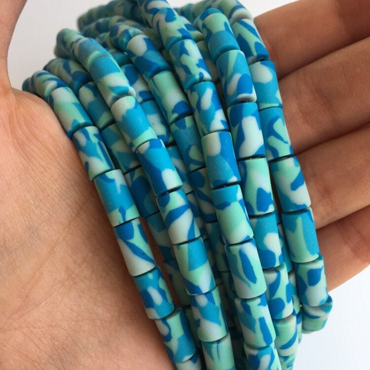 Blue Polymer Clay Beads 11x6mm Army Print Pattern Tube Bead 45cm Strand