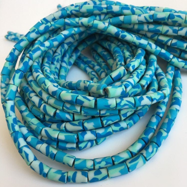 Blue Polymer Clay Beads 11x6mm Army Print Pattern Tube Bead 45cm Strand