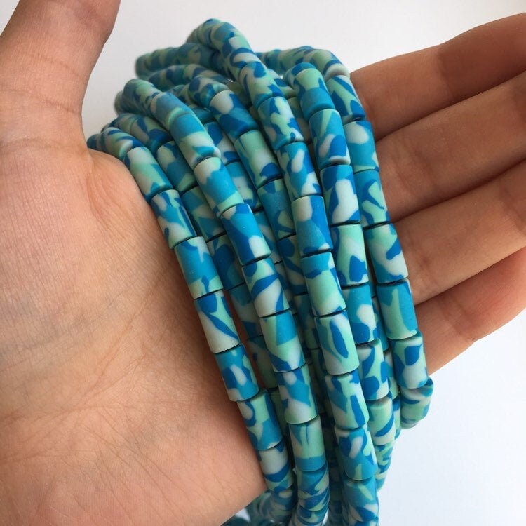 Blue Polymer Clay Beads 11x6mm Army Print Pattern Tube Bead 45cm Strand