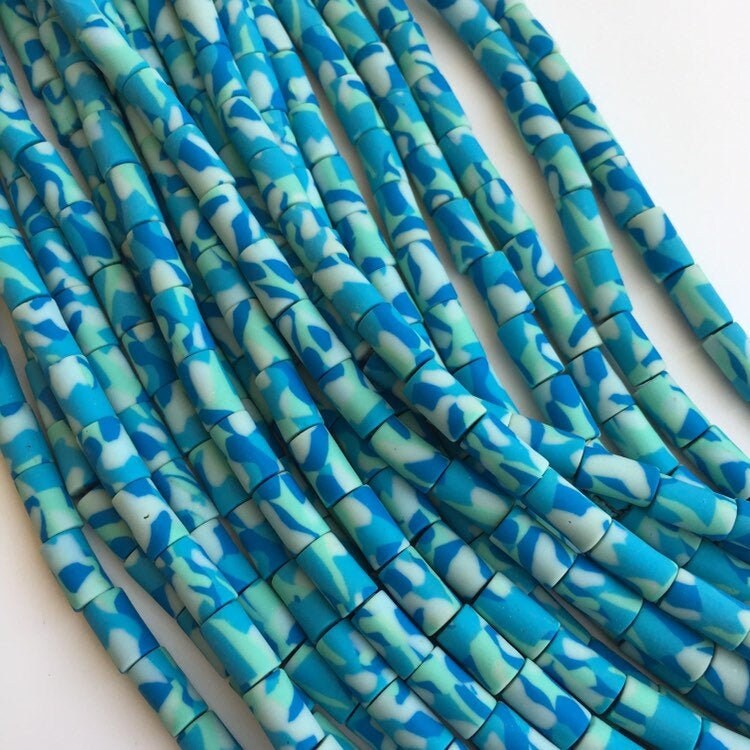 Blue Polymer Clay Beads 11x6mm Army Print Pattern Tube Bead 45cm Strand