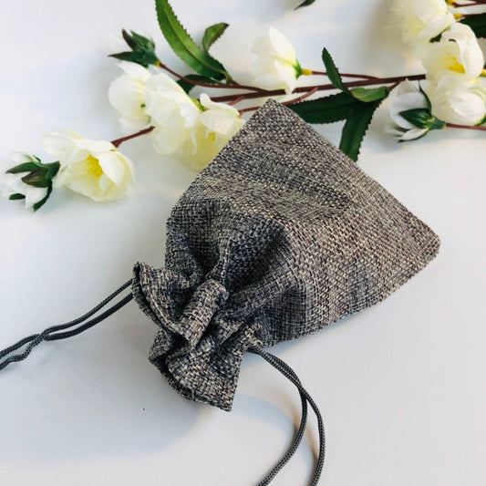 Grey Draw String Pouch, Gift Bag Jute Linen Fabric 13x9cm, 5pcs