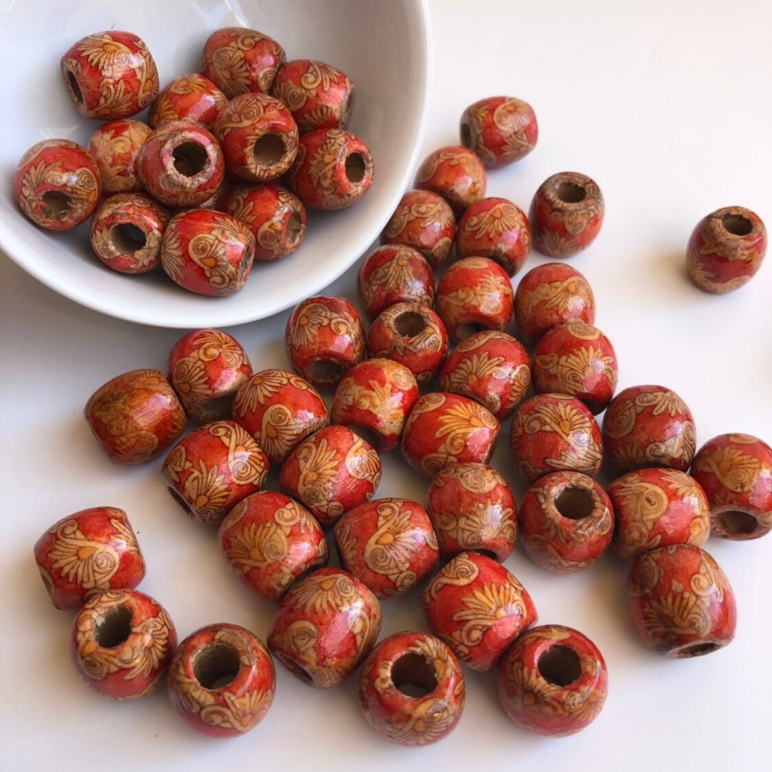 25pcs barrel dreadlock wooden beads, 18x17mm red pattern hair bead, macrame large hole wood pony bead