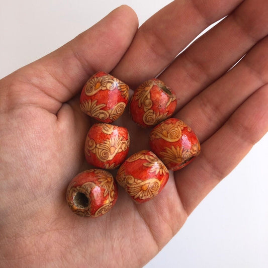 25pcs barrel dreadlock wooden beads, 18x17mm red pattern hair bead, macrame large hole wood pony bead