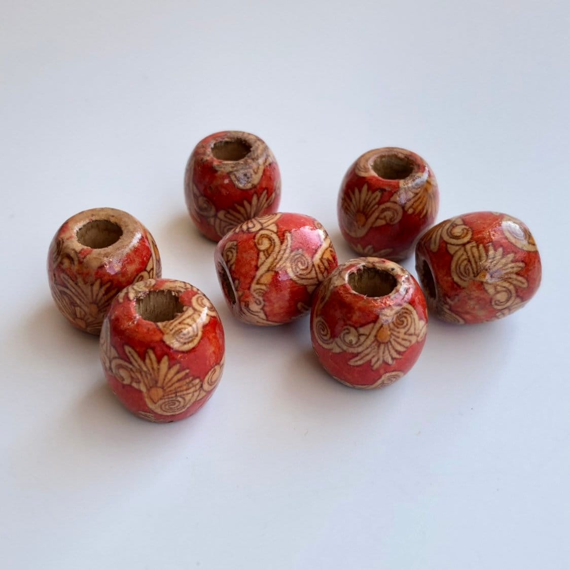 25pcs barrel dreadlock wooden beads, 18x17mm red pattern hair bead, macrame large hole wood pony bead