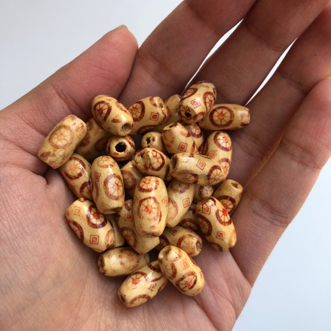 Beige & Brown Wood Beads 15x8mm Oval Tribal Pattern Wooden Bead 100 Pieces