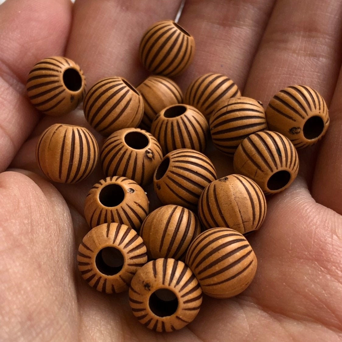 Tan Brown Acrylic Plastic Beads 9.5mm Round Corrugated Striped Bead 100 Pieces