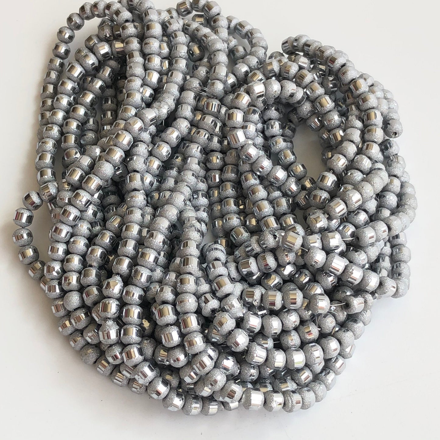 Silver Electroplated Frosted Glass Beads 5mm Round Metallic Bead 100 Piece Strand