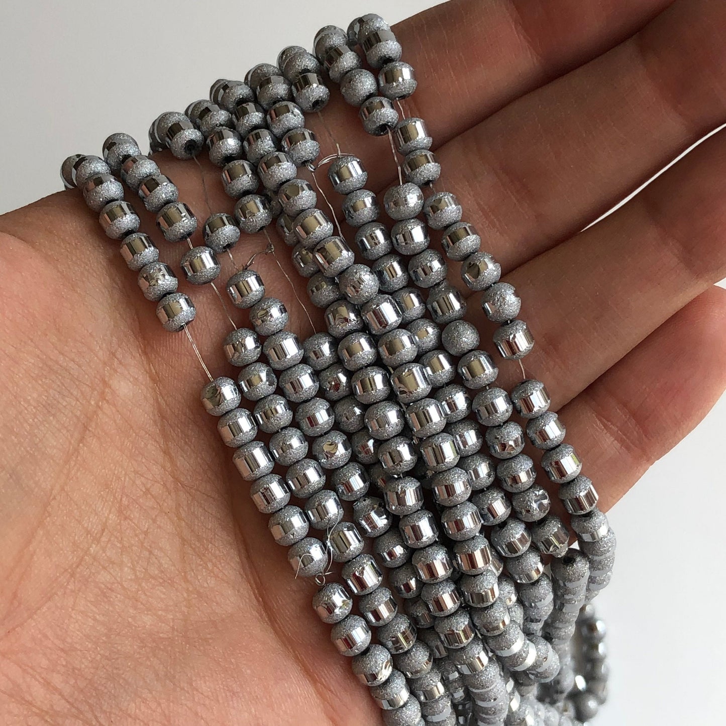 Silver Electroplated Frosted Glass Beads 5mm Round Metallic Bead 100 Piece Strand