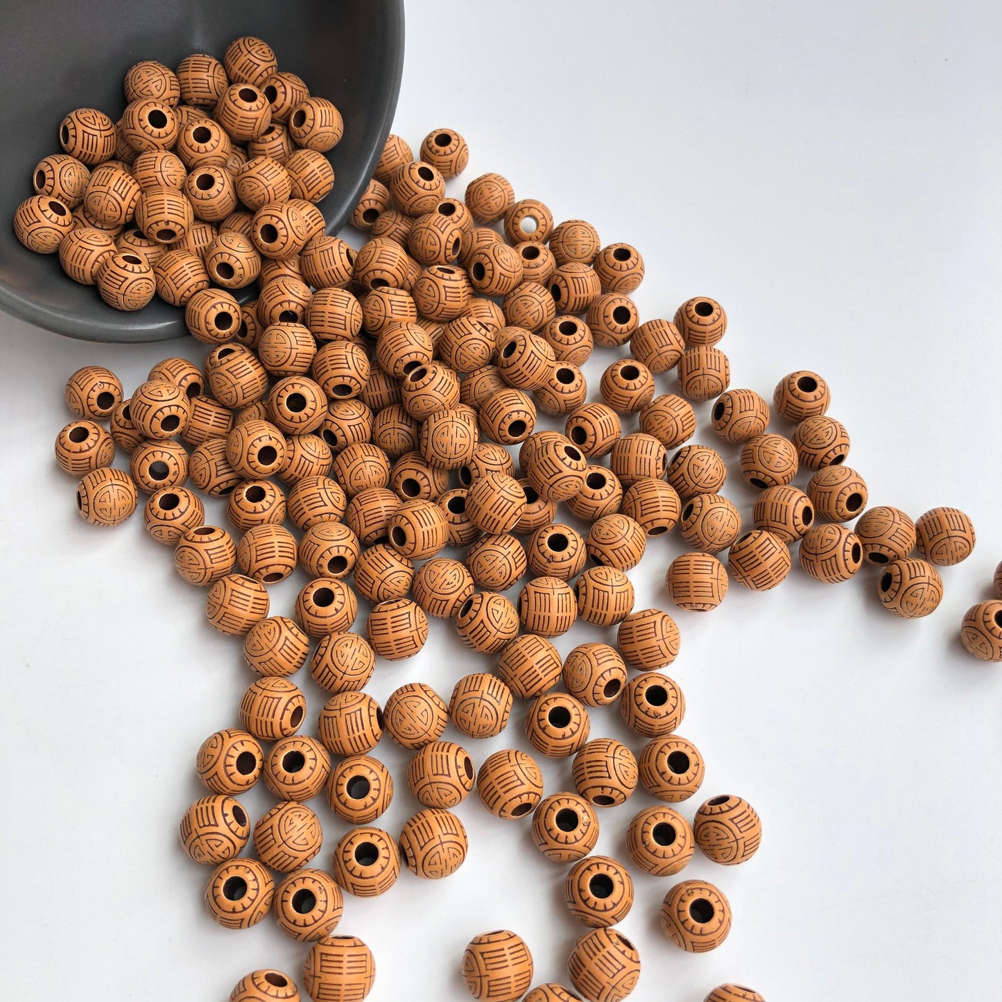 Tan Brown Tribal Beads 1mm Round Patterned Plastic Craft Bead 50 Pieces