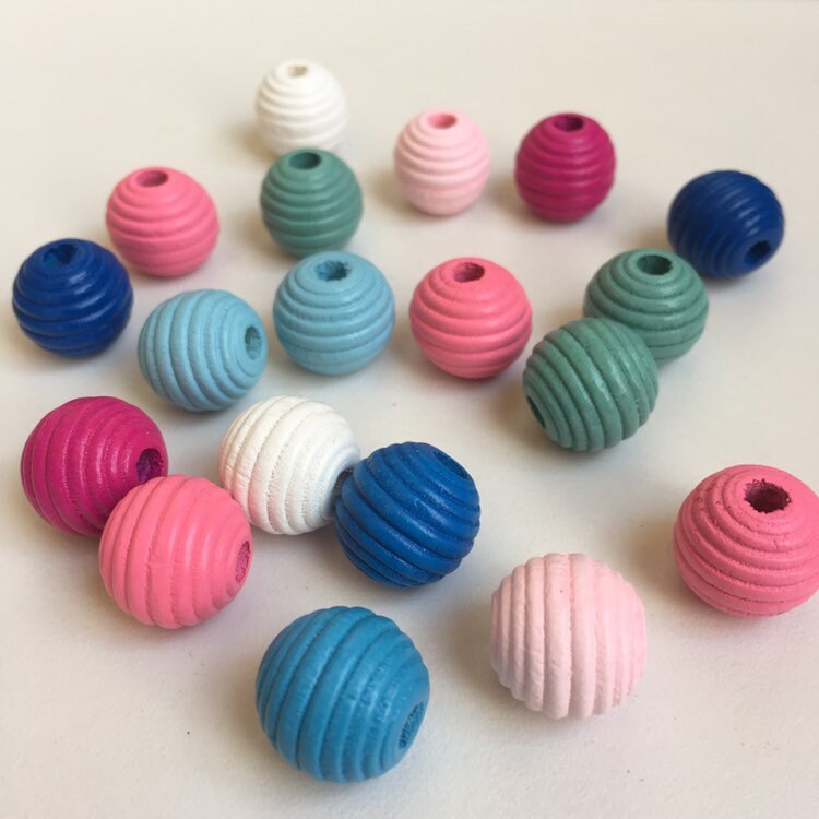 Mixed Pastel Coloured Wooden Beads - Spiral Round Bee Hive Shape Craft Beads, 14mm - Set of 25