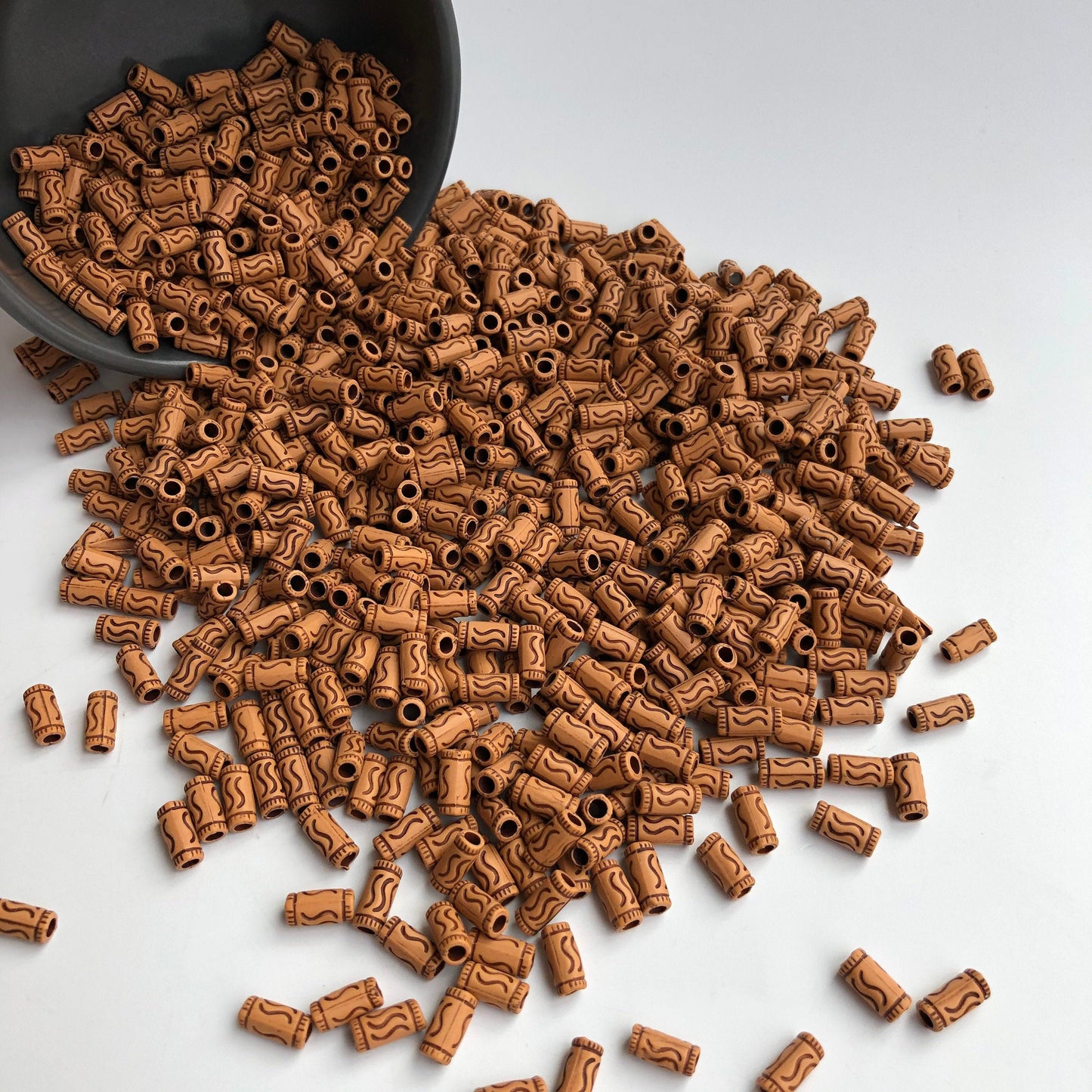 Tan Brown Tube Beads 10x5mm Plastic Tribal Pattern Column Bead 100 Pieces