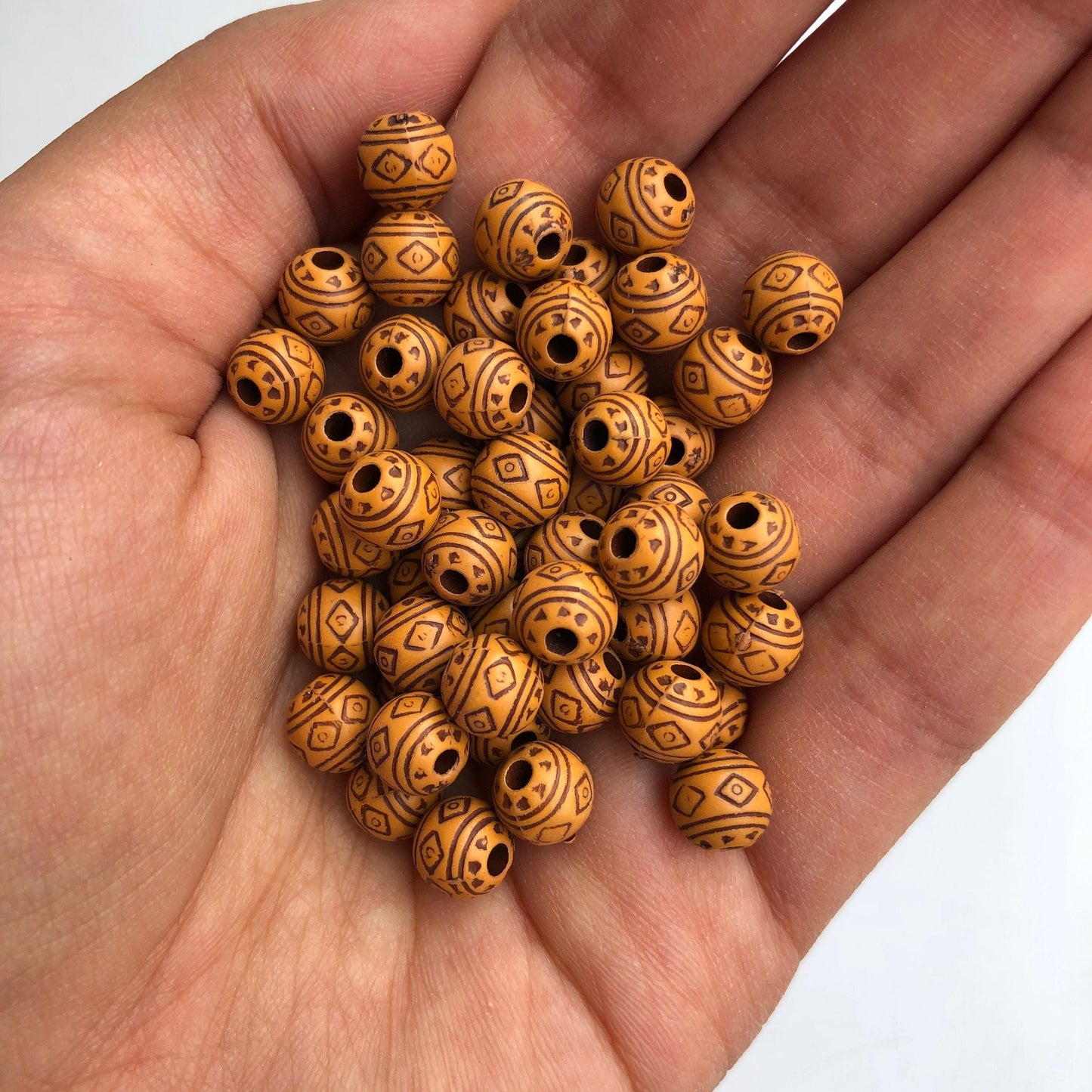 Tan Brown Round Plastic Beads 7.5mm Aztec Pattern Craft Bead 100 Pieces