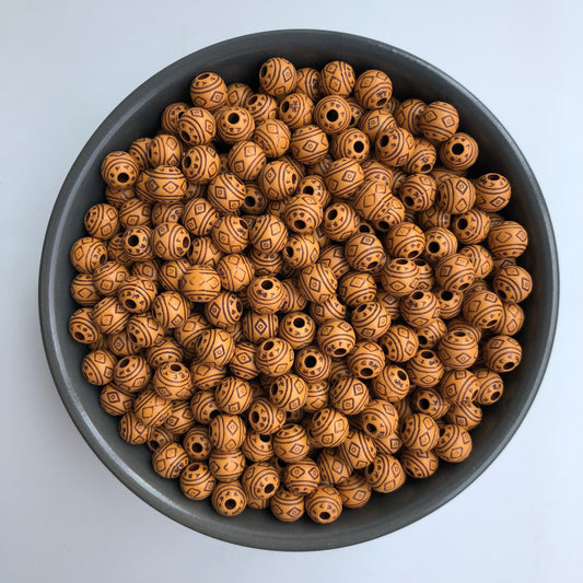 Tan Brown Round Plastic Beads 7.5mm Aztec Pattern Craft Bead 100 Pieces