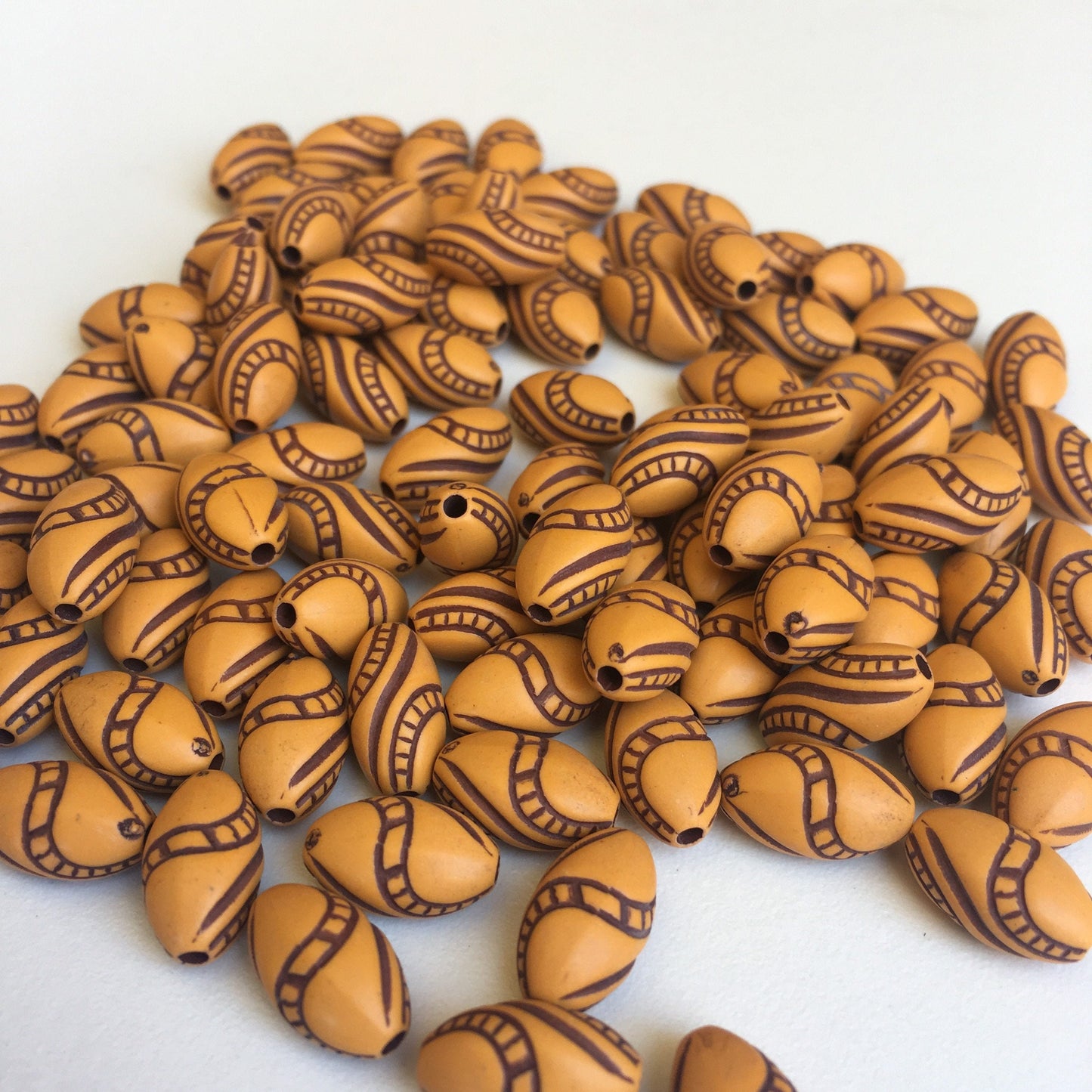 Tan Brown Patterned Plastic Bead 13x7mm Oval Boho DIY Jewellery Bead 50 Pieces