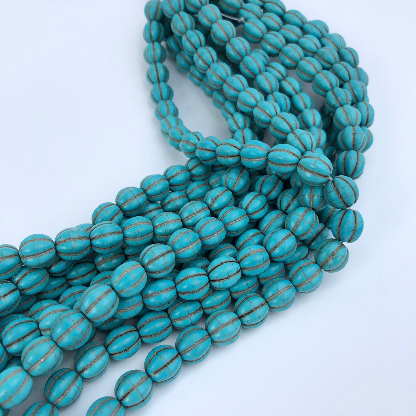 Turquoise Blue Stone Beads 10mm Round Corrugated Shape Synthetic Gemstone bead 38 Piece Strand