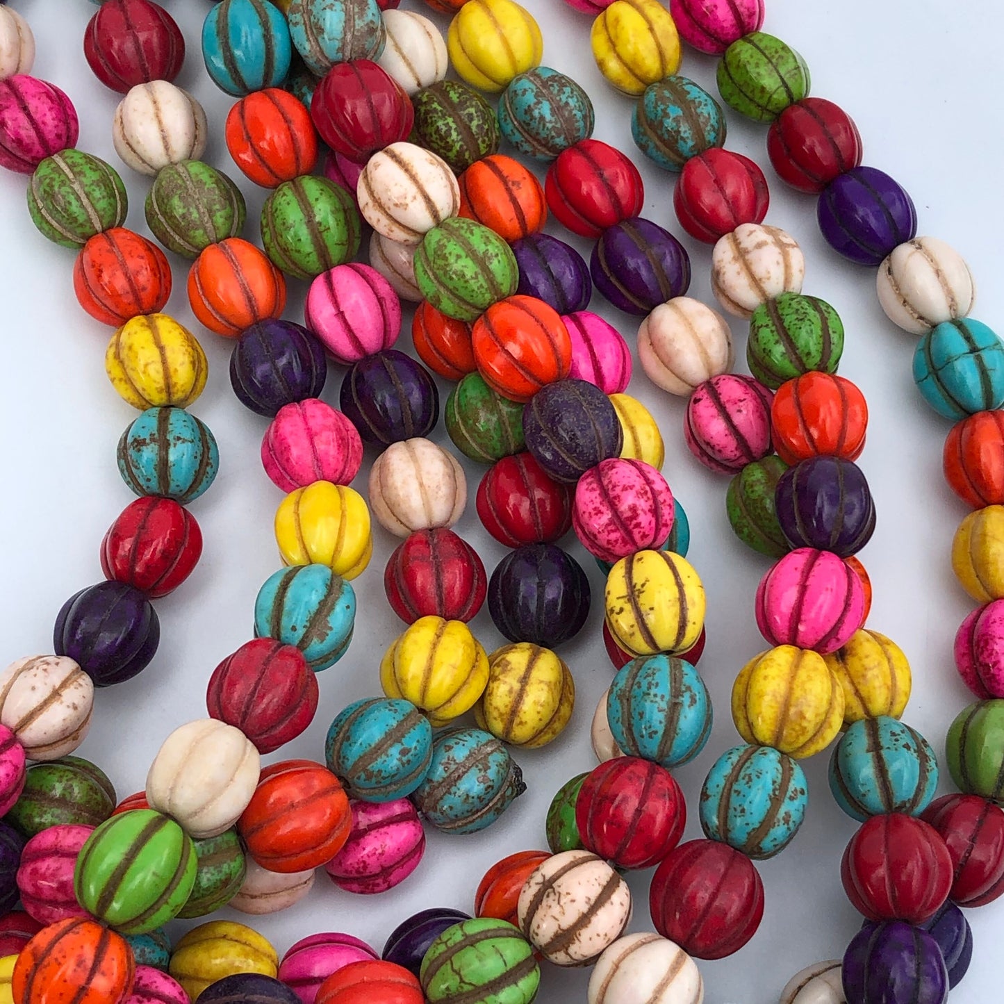 40 pieces Mixed Multi Colour Corrugated Gemstone Beads 10mm Round Pumpkin Shape Bead 40cm Strand