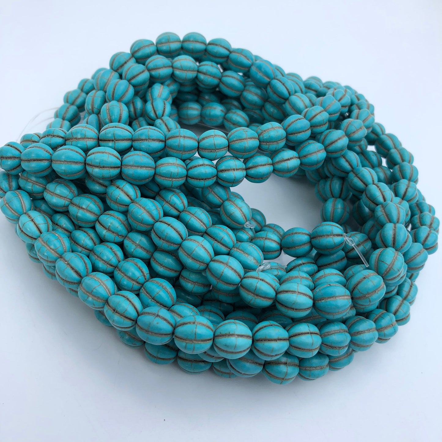 Turquoise Blue Stone Beads 10mm Round Corrugated Shape Synthetic Gemstone bead 38 Piece Strand