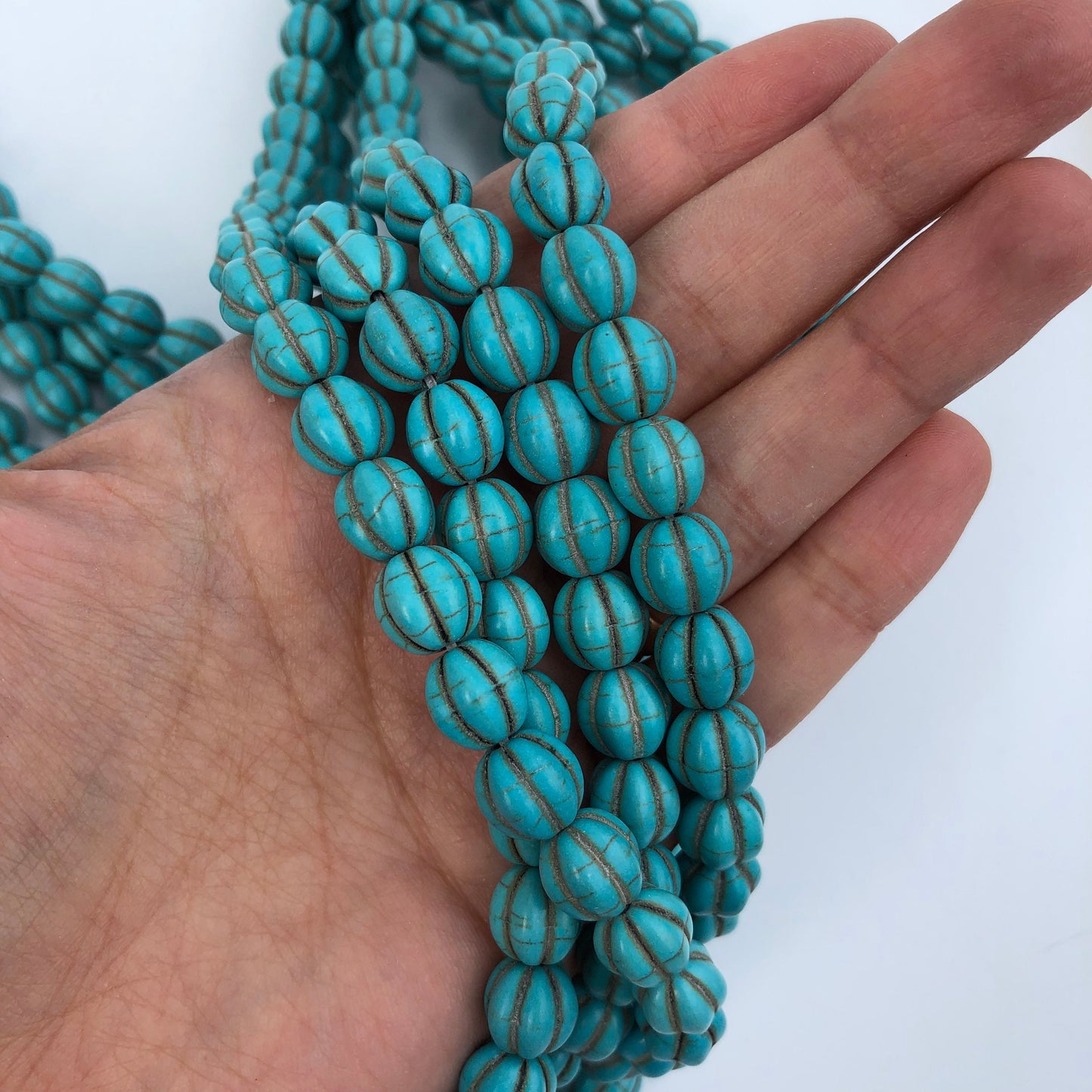 Turquoise Blue Stone Beads 10mm Round Corrugated Shape Synthetic Gemstone bead 38 Piece Strand