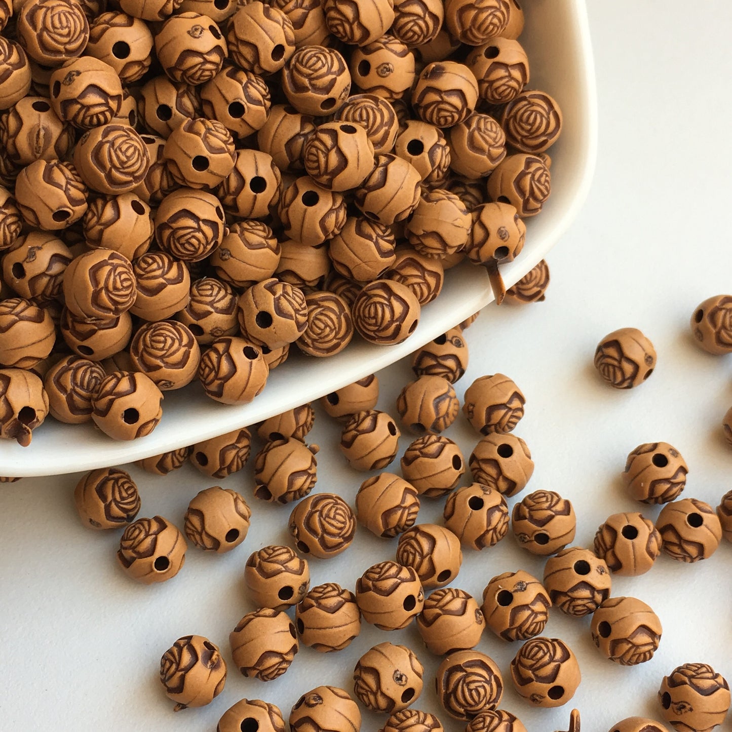 Tan Brown Plastic Floral Beads 8mm Round Flower Pattern Craft Bead 100 Pieces