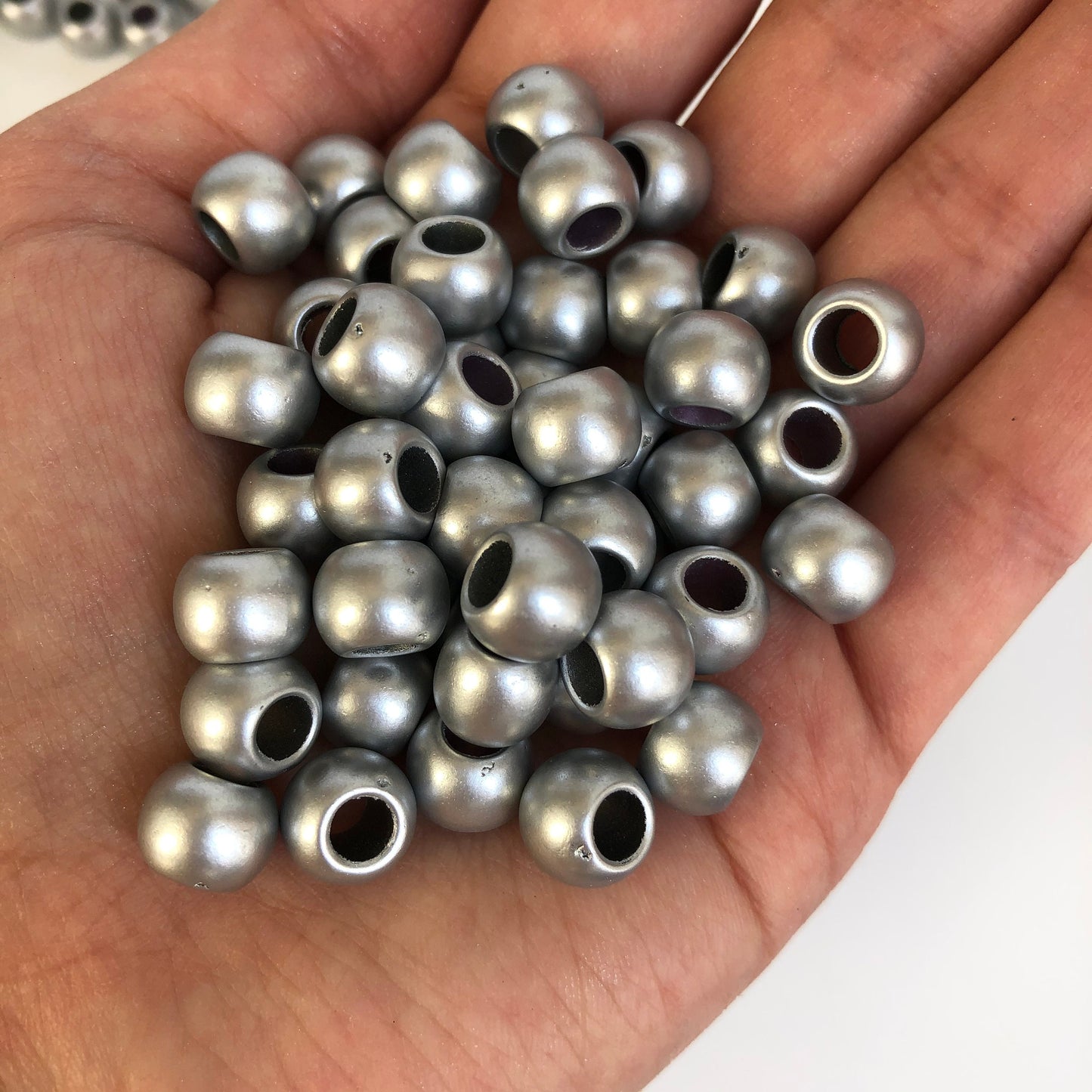 Metallic Silver Macrame Resin Beads 10mm Round Drum Matte DIY Pony Bead 50 Pieces