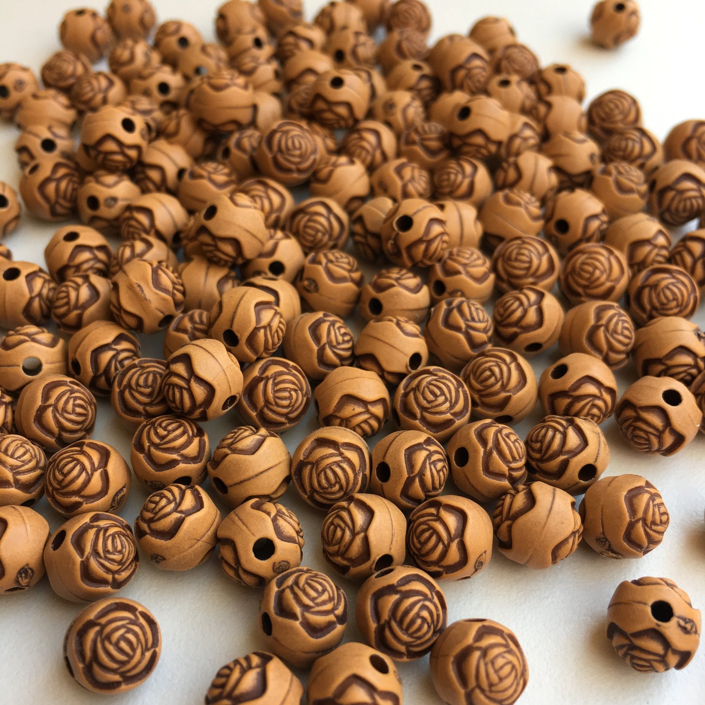 Tan Brown Plastic Floral Beads 8mm Round Flower Pattern Craft Bead 100 Pieces