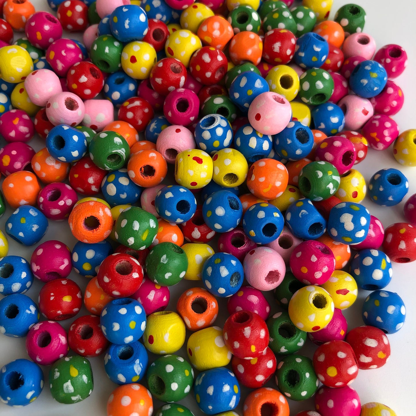 75X Pieces Round Mixed Polka Dot Wood Beads, 10x9mm Mixed Floral Pattern Jewellery Crafting Beads