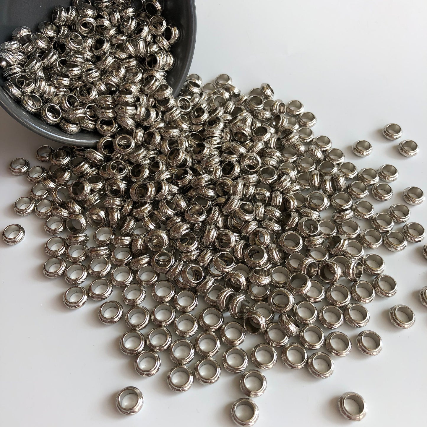 Silver Plastic Macrame Bead 10x4mm Round Disc Dreadlock Craft Bead 25 Pieces