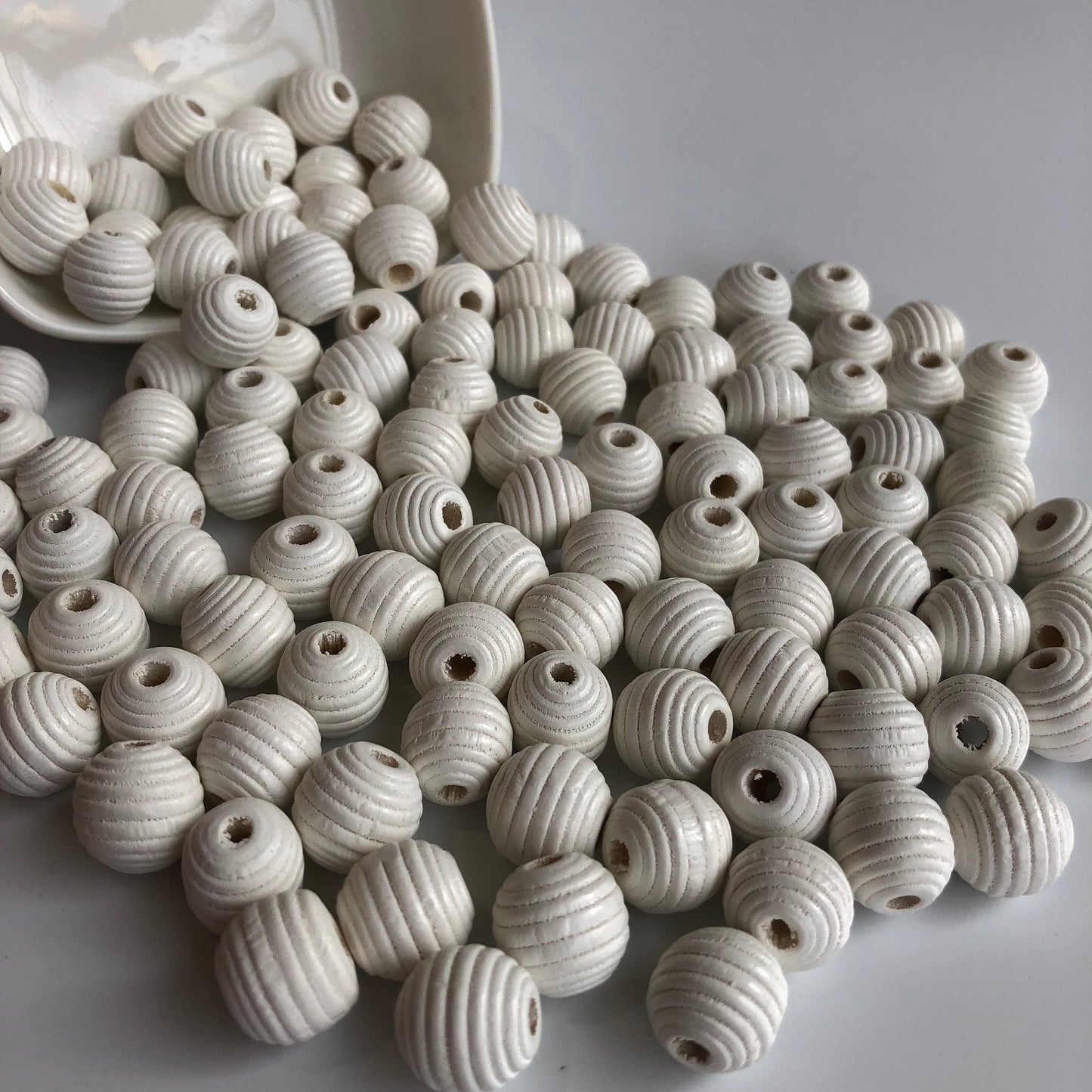 White Beehive Spiral Wood Beads - Set Of 25 , 14mm Wooden Bead for Crafts