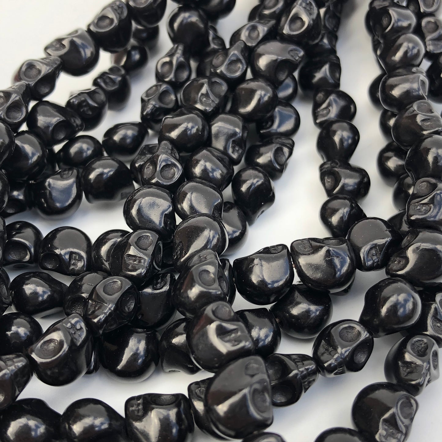 38X Black Stone Skull Beads - 9.5x8.5mm Halloween Gemstone Punk Bead 38cm Strand