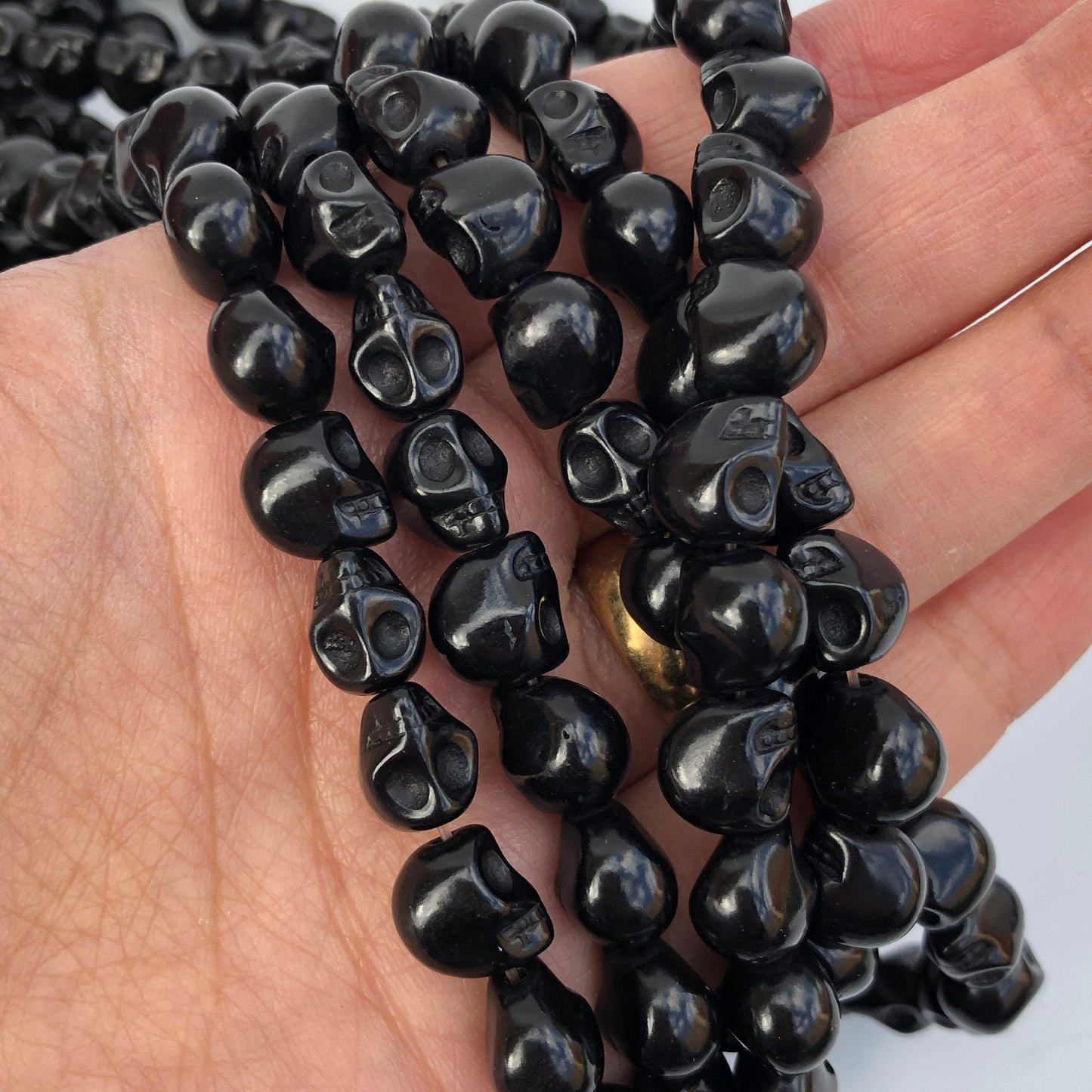 38X Black Stone Skull Beads - 9.5x8.5mm Halloween Gemstone Punk Bead 38cm Strand