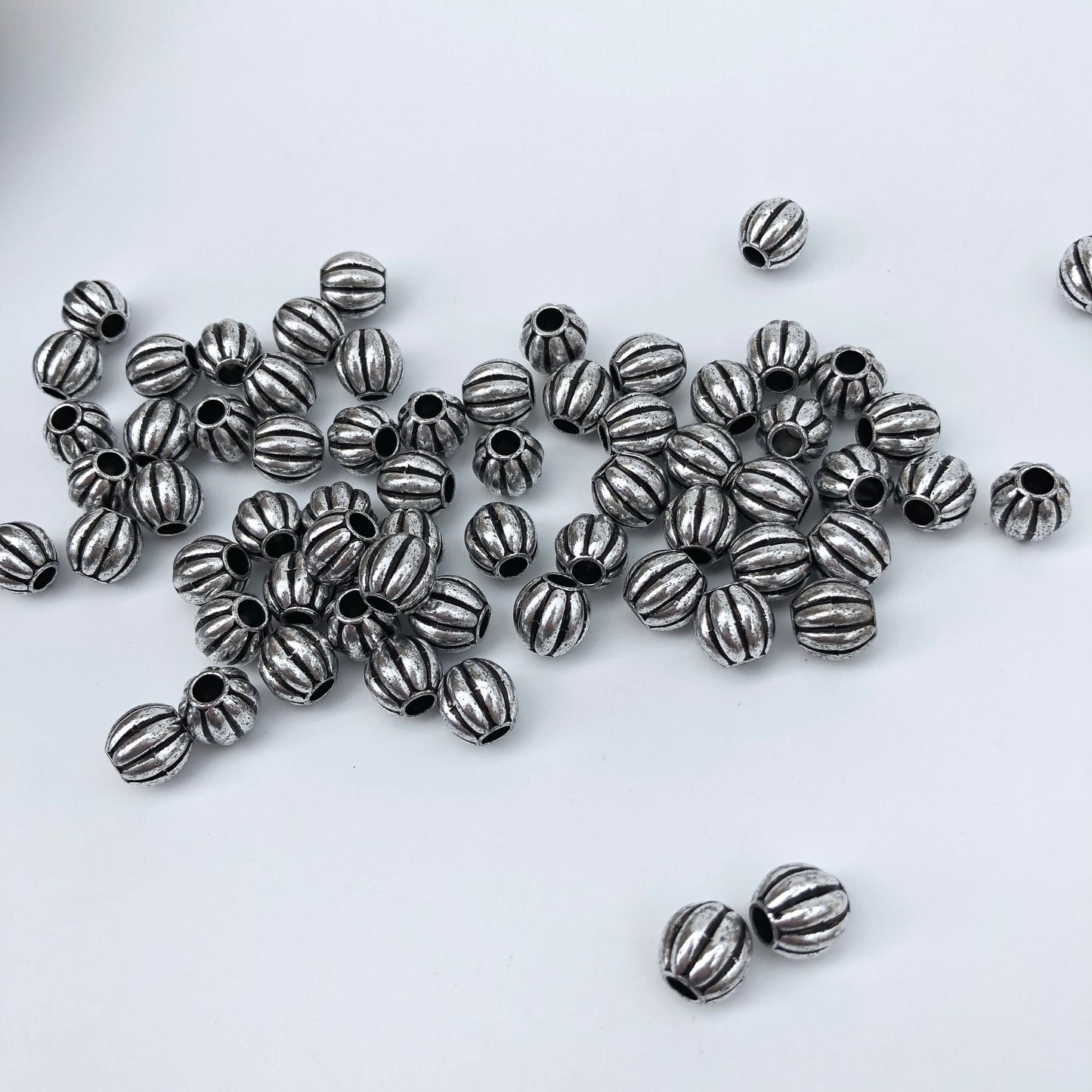 50pcs Silver Pumpkin Beads, 9-10mm Corrugated Macrame Beads, 3.8mm Hole Pony Hair Craft Bead