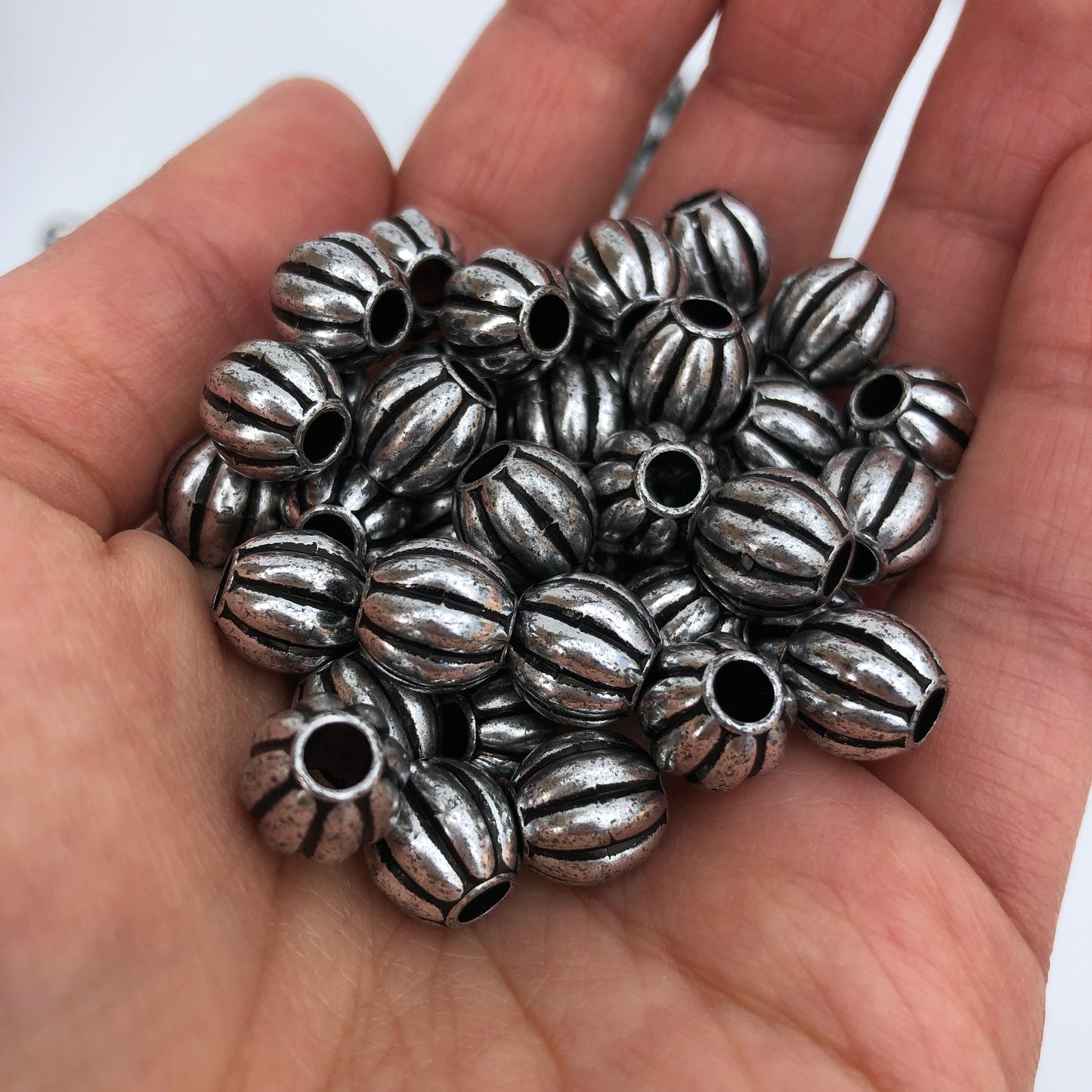 50pcs Silver Pumpkin Beads, 9-10mm Corrugated Macrame Beads, 3.8mm Hole Pony Hair Craft Bead