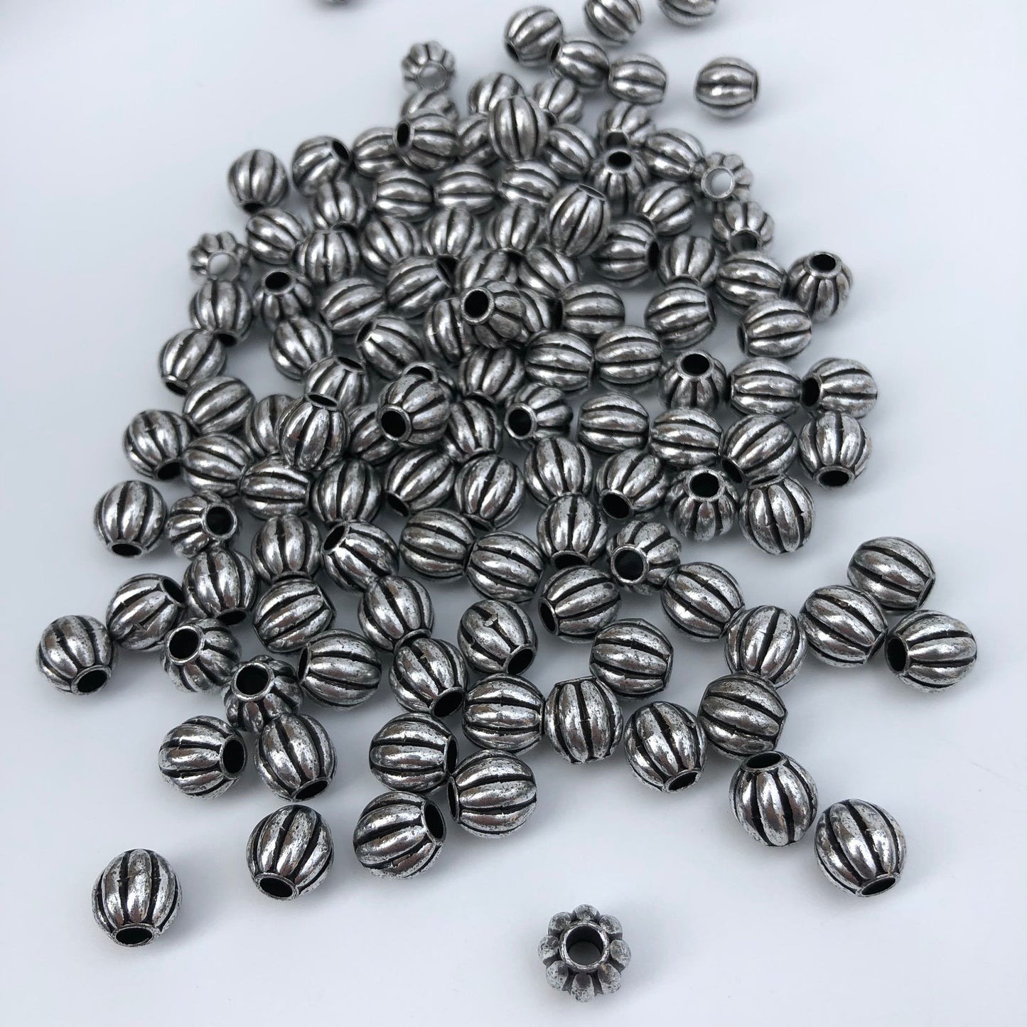 50pcs Silver Pumpkin Beads, 9-10mm Corrugated Macrame Beads, 3.8mm Hole Pony Hair Craft Bead