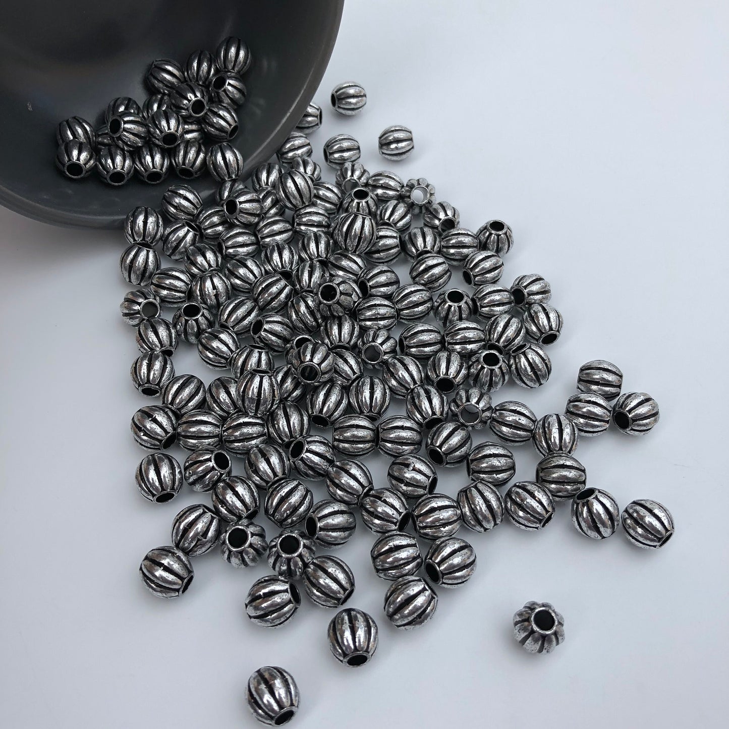 50pcs Silver Pumpkin Beads, 9-10mm Corrugated Macrame Beads, 3.8mm Hole Pony Hair Craft Bead