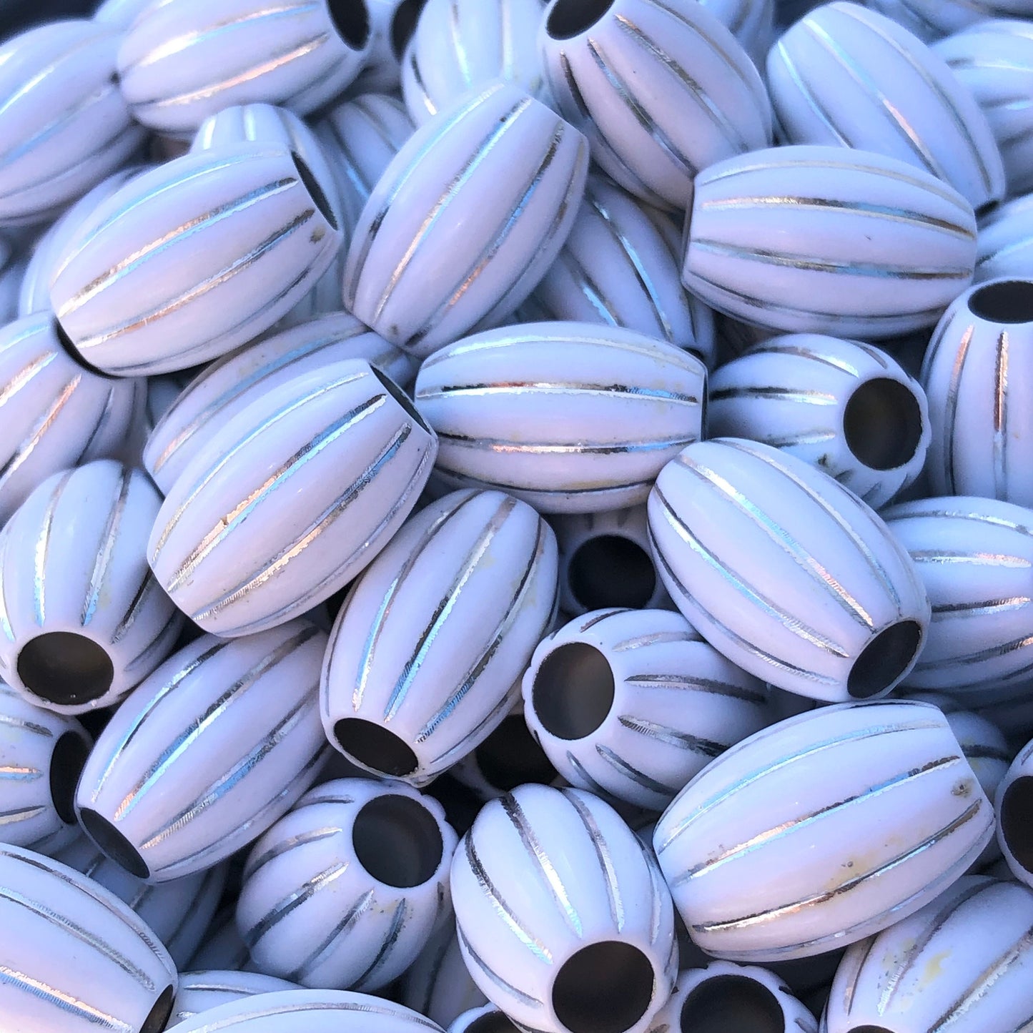 White Striped Macrame Beads 16x11mm Oval Acrylic Resin Bead 20 Pieces