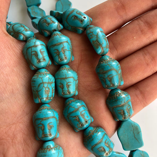 Buddha Head Charm Bead 20mm x 15mm Turquoise Blue Stone  19pcs Guanyin Carved Gemstone Beads