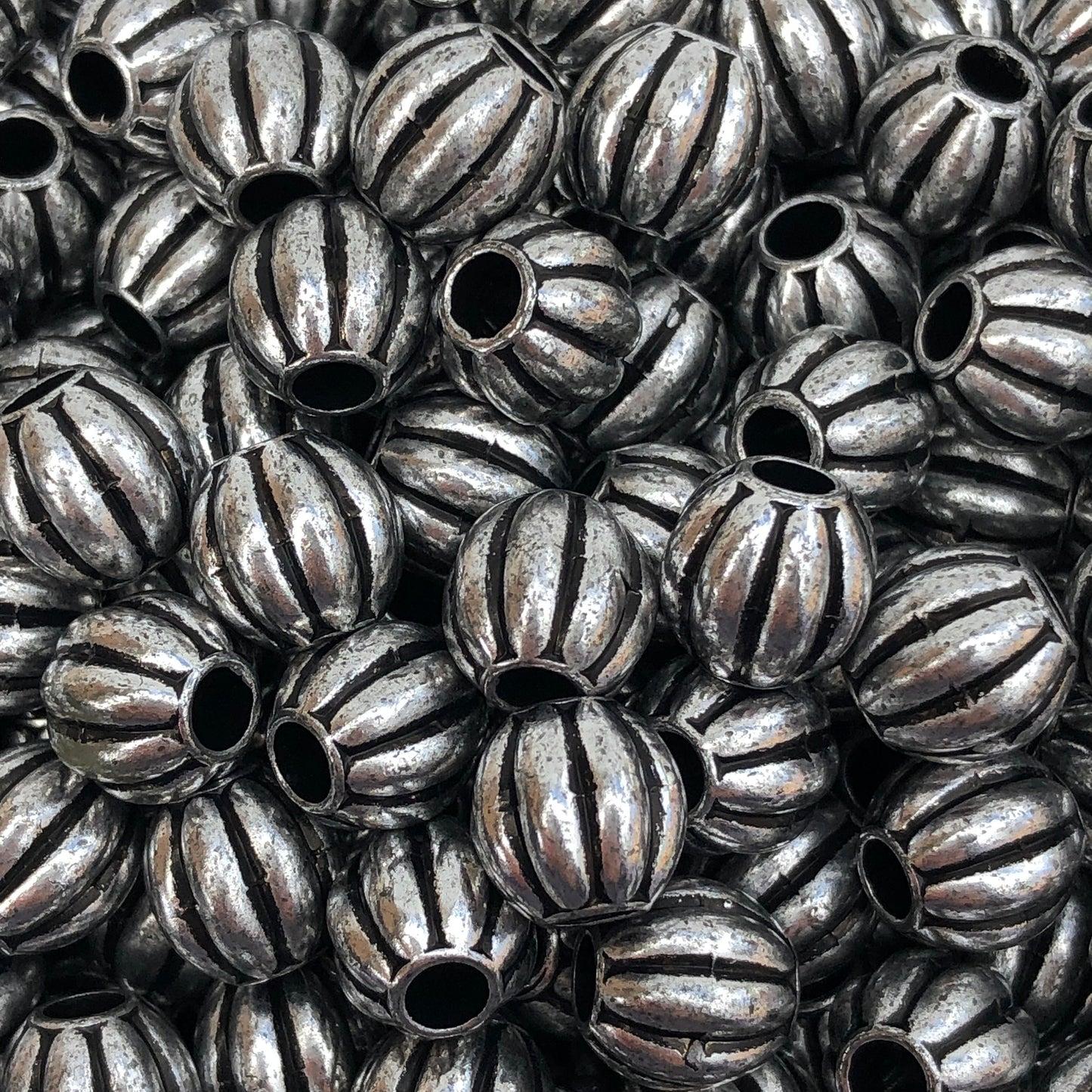 50pcs Silver Pumpkin Beads, 9-10mm Corrugated Macrame Beads, 3.8mm Hole Pony Hair Craft Bead