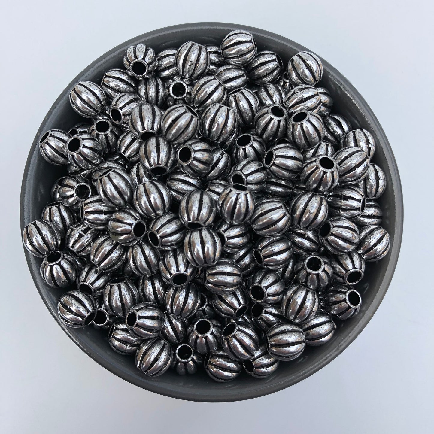 50pcs Silver Pumpkin Beads, 9-10mm Corrugated Macrame Beads, 3.8mm Hole Pony Hair Craft Bead